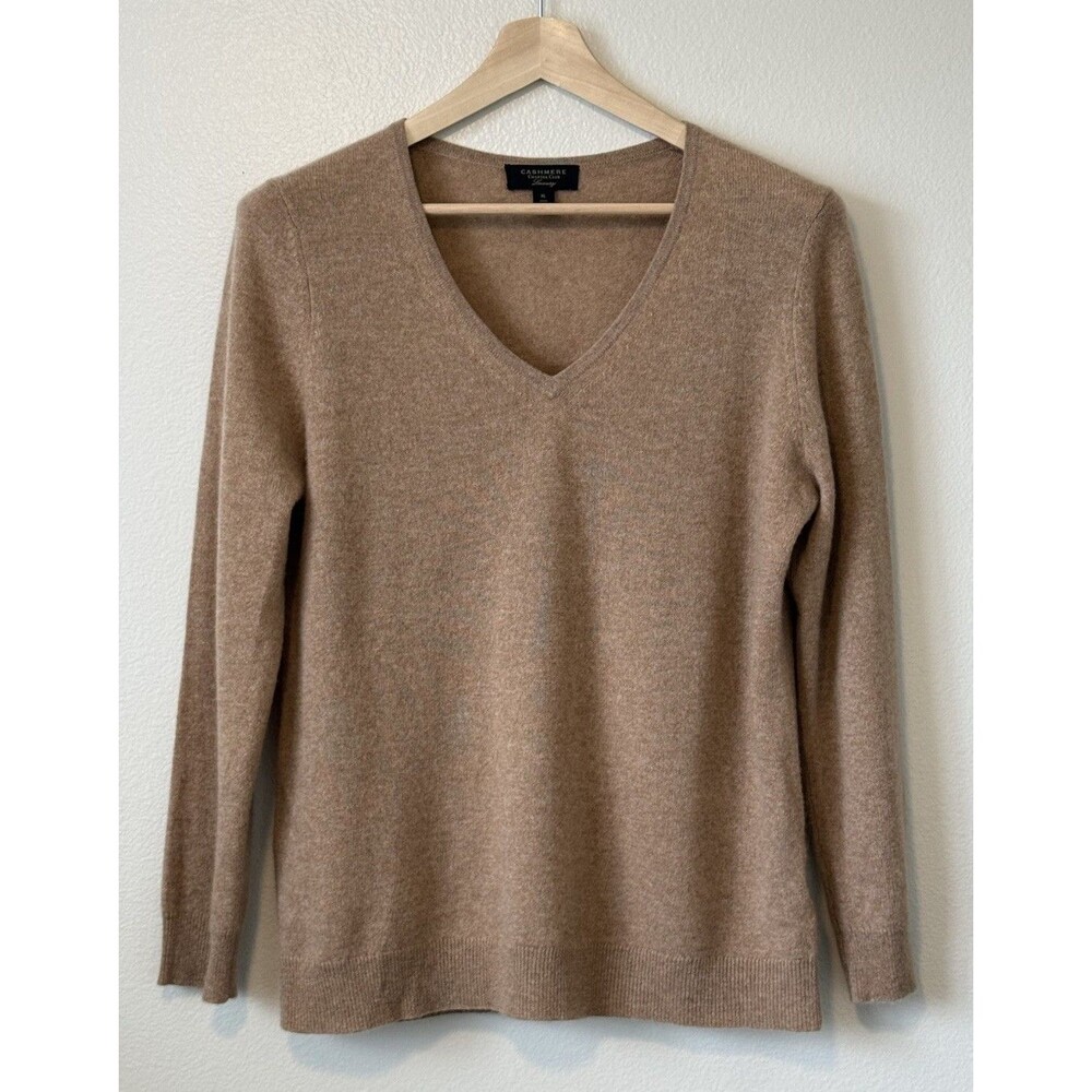 Charter Club 100% Cashmere Sweater Tan Camel V Neck XL Luxury Soft Pullover